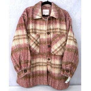 NWT Lucky Brand Women Pink Plaid Shacket Oversized‎ Button Down Shirt Jacket M